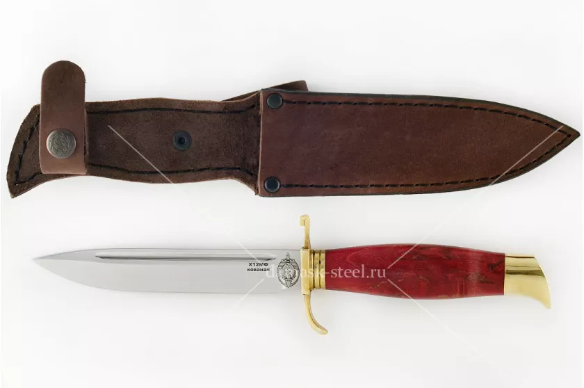 Нож финка НКВД-3 кованая сталь х12мф карельская берёза (красный)